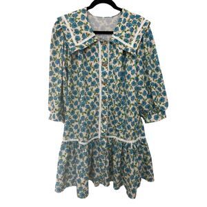 Vintage Style Peter Pan Elegant Whimsical Blue Floral Boutique Mini Dress | S